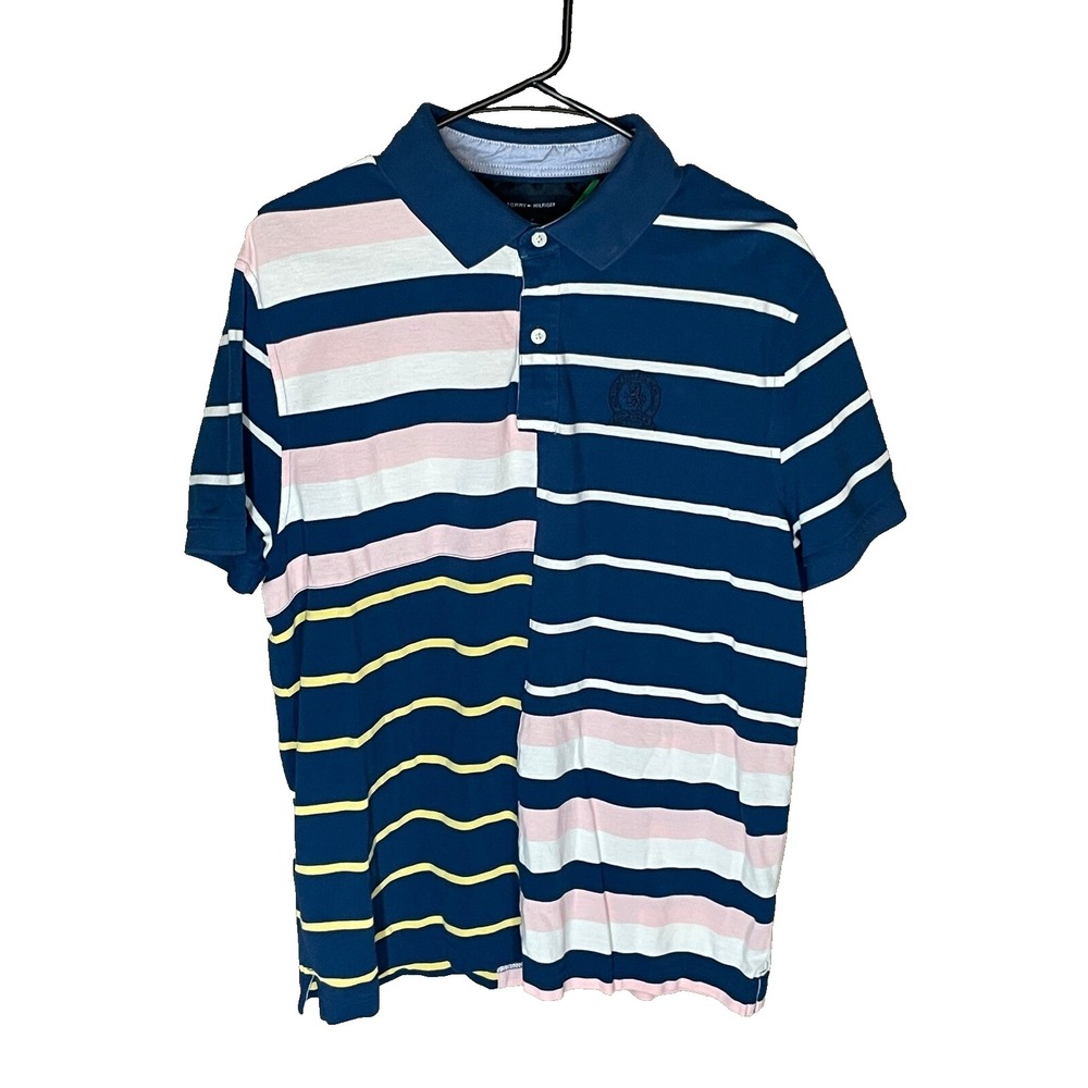 Tommy Hilfiger Mens Custom Fit Striped Colorblock Polo Shirt Blue Pink Large